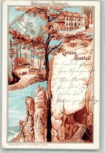 Bastei 1902 Jubiläums Postkarte 1797 - 1897 Gasthaus Aufgang durch die Schwedenlöcher BAsteifelsen