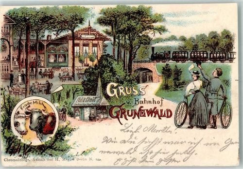 10115 W1000 Grunewald 1902 Gebrauchsspuren Milchkühe Bahnofs-Gaststätte Radfahrer Personenzug Kiosk Lithographie