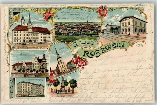 Roßwein 1906 Rathaus Handwerkshaus Bahnhof Wellinschlösschen Kirche Central Schulhaus Kriegerdenkmal