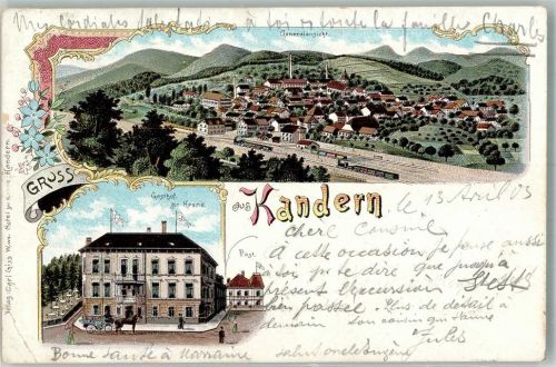 Kandern 1903 Lithographie Bahnhofanlage Gasthaus zur Krone Postgebäude