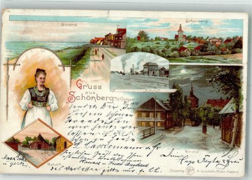 Schönberg 1900 Volkstracht Gehöft Bahnhof Kirche Strand