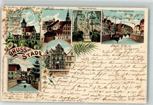 21680 W2160 Stade , Niederelbe 1902 Lithographie Fleth Rosenbrücke Alter Krahn Villa Kaisereichen Kriegerdenkmal