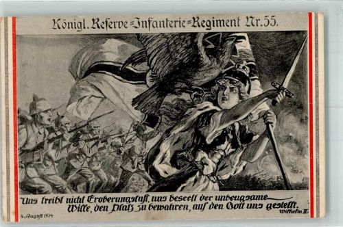 Detmold 1914 Königliches Reserve-Infanterie-Regiment Nr. 55 Germania führt preußische Soldaten in die Schlacht Feldpost WK I II. Garde-Reserve-Division