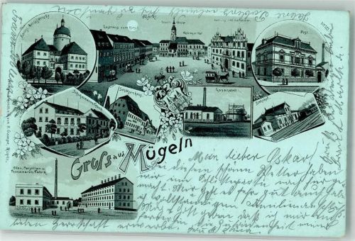 Mügeln 1900 Kgl. Amtsgericht Markt Gasthaus Zum Hirsch Stadtkirche Thüringer Hof Rathaus Ratskeller Post Bahnhof Gasanstalt Schützenhaus Schuhwaren Fabrik Ofen Porzellan- und Tonwaren- Fabrik
