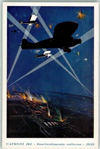 1929 sign. Ferrari Ein italienischer Caproni 101 Bomber bei einem nächtlichen Luftangriff