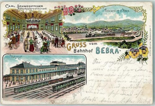 Bebra 1900 Carl Schwerdtfeger Bahnhof Gasthaus Eisenbahn Lok Dampf Kronleuchter Saal Blumen Gruss