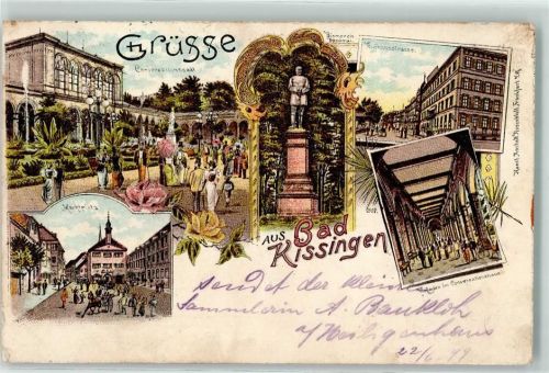 Bad Kissingen 1899 Conversationssaal Bismarck Denkmal Conversationshaus Marktplatz Kutsche Blumen Grüsse