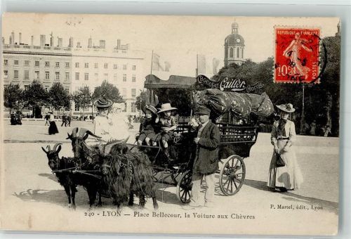 Lyon 1908 Ziege Karren Kutsche Place Bellecour Briefmarke Bildseite