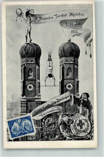 München 13. Deutsches Turnfest Juli 1923 Frauenkirche Turner Münchner Kindl Inflationsporto 120 Mark Sonderstempel