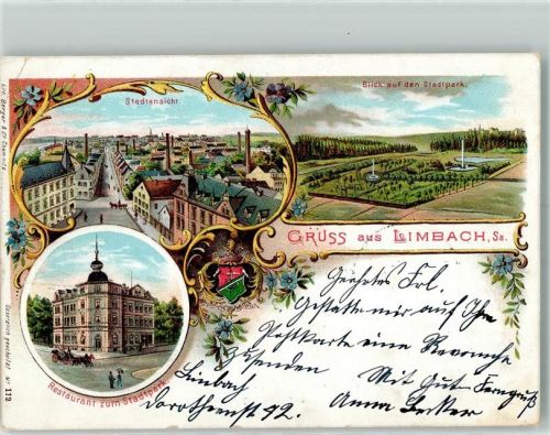 Limbach-Oberfrohna 1898 Stadtpark Gasthaus zum Stadtpark Stadtwappen Lithographie