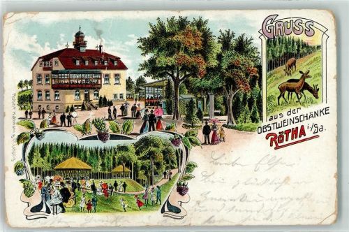 Rötha 1907 Gasthaus Obstweinschänke Reh Lithographie