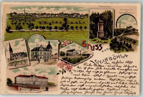 Weinböhla 1899 Lithographie Wolfsdenkmal Schule Kaiserl. Postamt Bahnhof Schweizerhaus