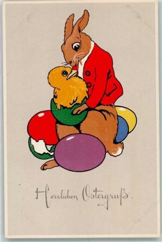Ostern Serie 2256 Ostern Hase mit einem frisch geschlüpftem Küken Tiere vermenschlicht