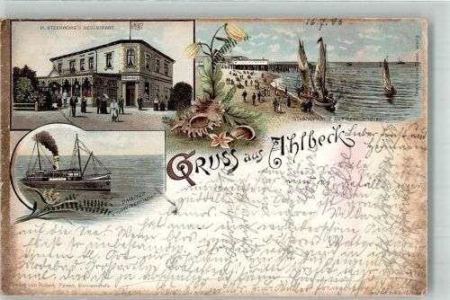 Ahlbeck 1895 H. Steenborgs Gasthaus Dampfer Swinemünde Strand Segelboote