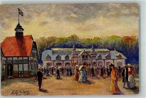 Oldenburg 1905 sign. Siehl J.G.Landes Ausstellung Maschinenhalle u. Verwaltungsgebäude