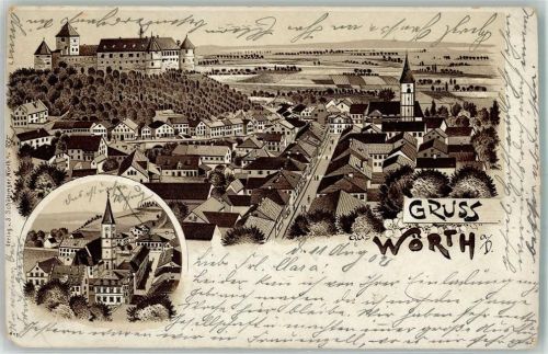 Wörth 1902 Lithographie Schloß Wörth Pfarrkirche St. Petrus