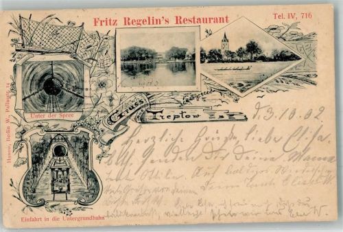 Treptow 1902 Gasthaus Fritz Regelin Spree Ruderboot 6er mit Steuermann Unter der Spree Einfahrt Untergrundbahn