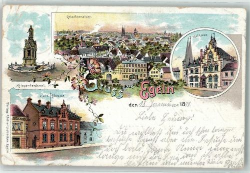 39435 O3253 Egeln 1899 Gebrauchsspuren Kriegerdenkmal Kaiserl. Postamt Rathaus Lithographie