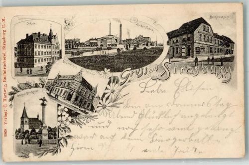 17335 O2150 Strasburg 1899 Lithographie Schule Kaiserl. Postamt Zuckerfabrik