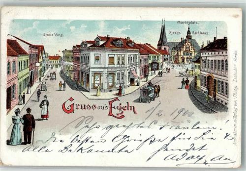 39435 O3253 Egeln 1900 Lithographie Breite Weg Marktplatz Kirche Rathaus