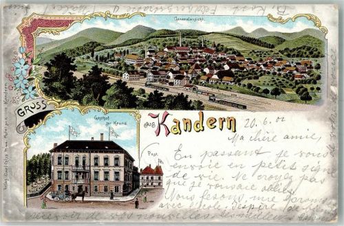 Kandern 1902 Lithographie Bahnhofanlage Gasthaus zur Krone Postgebäude