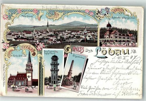 Löbau 1897 Kirche St. Nicolai König Friedrich August-Turm Siegesdenkmal Gasthaus zum Königbrunnen