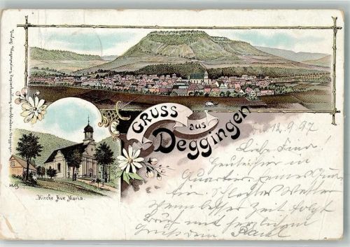 Deggingen 1897 Lithographie Wallfahrtskirche Ave-Maria sign. HvB