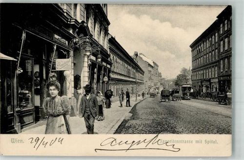 Wien 1904 Favoritenstraße mit Spital Straßenbahn