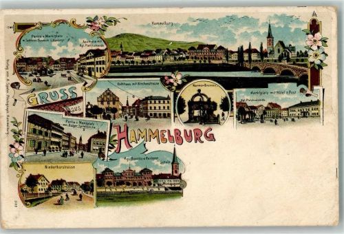 Hammelburg 1907 LithographieMamor-Brunnen Kgl. Bezirks-Rentamt Rathaus Kirchenstraße Stauchung