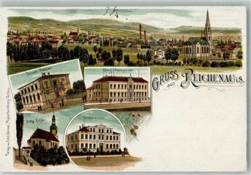Reichenau i. Sachsen Bogatynia Lithographie Postamt Gericht Ev. Kirche Kirche
