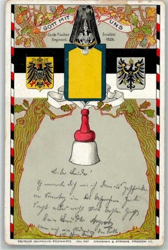1903 Verlag Deutsche Compagnie Postkarte Wappen Garde-Füsilier Regt. Komp. Troddel Jugendstil