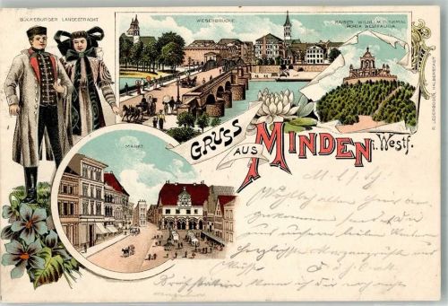 Minden 1897 Bückeburger Landestracht Markt Weserbrücke Kaiser Wilhelm-Denkmal Bahnpost Köln-Hannover Zug 3