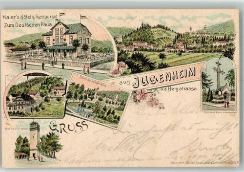 Seeheim-Jugenheim Lithographie Hotel z. Deutschen Haus Melibocus-Turm Schloss