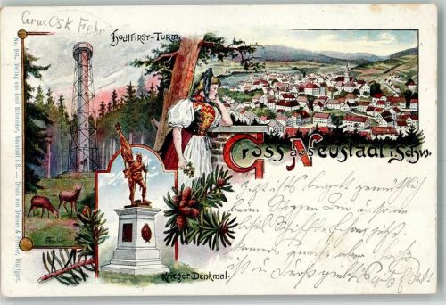 Neustadt 1898 Hochfirst-Turm Kriegerdenkmal Rehe Trachtenmädchen Bahnpost Donaueschingen-Furtwangen