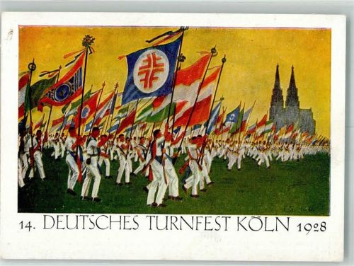 Köln Stadt 1928 Festzug Fahnenaufmarsch im Stadion Festpostkarte