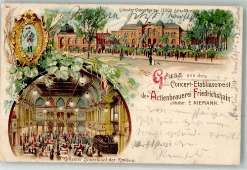 Friedrichshain 1904 Lithographie Konzert-Etablissement d. Aktienbrauerei Friedrichshain Konzertsaal