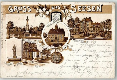 Seesen 1896 Lithographie Denkmal Göttin der Ernte Ratskeller Amtsgericht Kriegerdenkmal Eckbug II