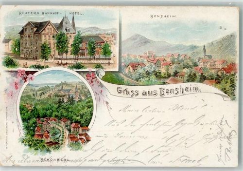 Bensheim 1897 Lithographie Bahnpost Frankfurt Freiburg Zug 83 6.12.97 Reuter`s Bahnhof-Hotel Schönberg