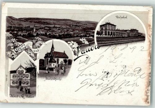 Lauda 1897 Verläufer Druck um 1890 Bahnhof Marienkirche Hotel Müller Stauchungen