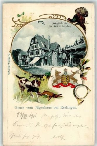 Eßlingen 1901 Waldschenke zu den 3 Linden Jägerhaus Jagdhund Hase Fasan