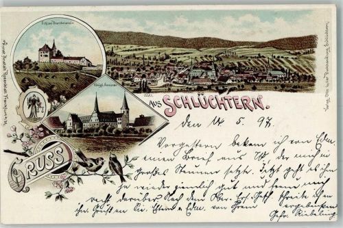 Schlüchtern 1897 Stadtwappen Kgl. Seminar Schloss Brandenstein Singvögel