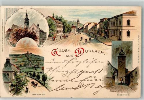 Durlach 1899 Ev. Kirche Rathaus Turmberg Baseltor