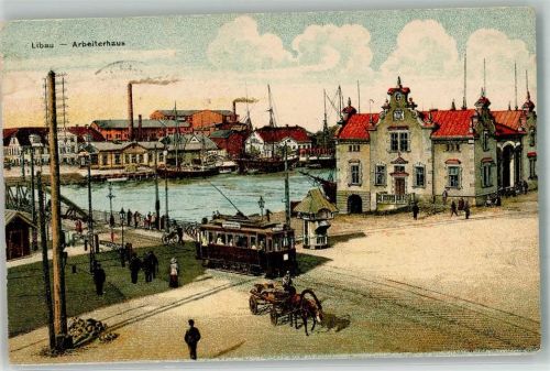 Libau 1916 Straßenbahn Hafen Arbeiterhaus Feldpost WK I Nr. 168