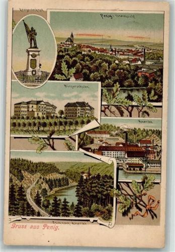 Penig 1919 Lithographie Bahnpost Glauchau zug 3 25.8.19 Bürgerschule
