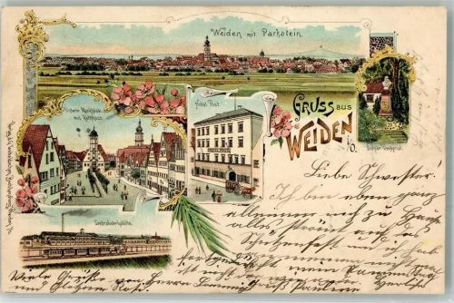 Weiden 1901 Unterer Markt Rathaus Centralwerkstätte Eisenbahn Hotel Post