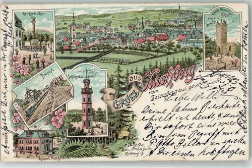 Kirchberg 1898 Bahnhof Schützenhaus-Turm Kaiserl. Postamt Kriegerdenkmal