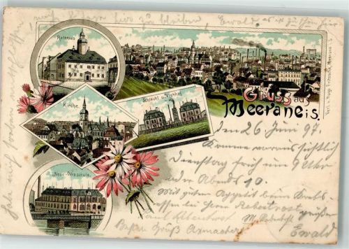 Meerane 1897 Schalcht- und Viehhof Neue Webschule Rathaus Lithographie