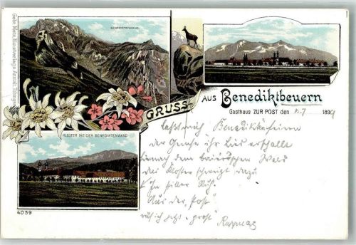 83671 W8174 Benediktbeuern 1899 Lithographie Adelskorrespondenz Gasthaus zur Post Edelweiss Kloster Benediktenwand Gemse