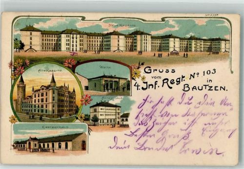 Bautzen 1915 4. Inf. Regt. Nr. 103 Bautzen Neue und Alte Kaserne Exerzierhaus Wache Arresthaus Feldbriefstempel