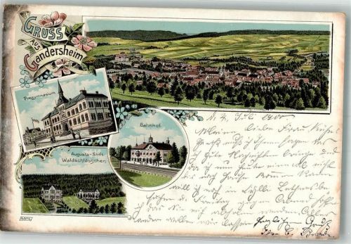 Bad Gandersheim 1900 Lithographie Augusta-Stift Waldschlößchen Bahnhof Progymnasium Bahnpost Berlin-Holzminden Zug 399